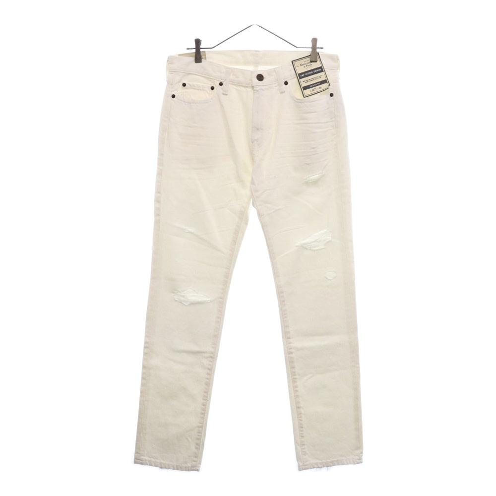 Abercrombie&Fitch(アバクロンビーアンドフィッチ) コットン ジップフライ ダメージ スキニー デニムパンツ ホワイト