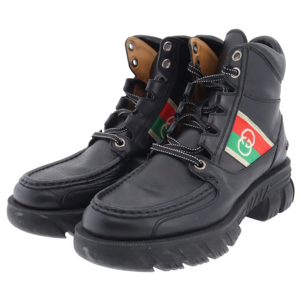 GUCCI(グッチ) インターロッキング G レースアップ レザー ショートブーツ ブラック 663368