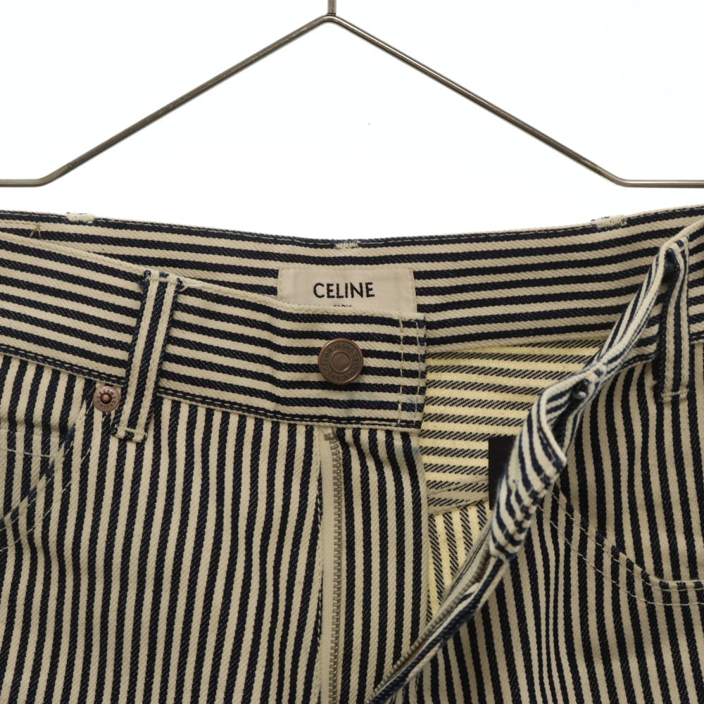 CELINE(セリーヌ) ヒッコリーストライプ デニム フレアパンツ ホワイト/インディゴ レディース