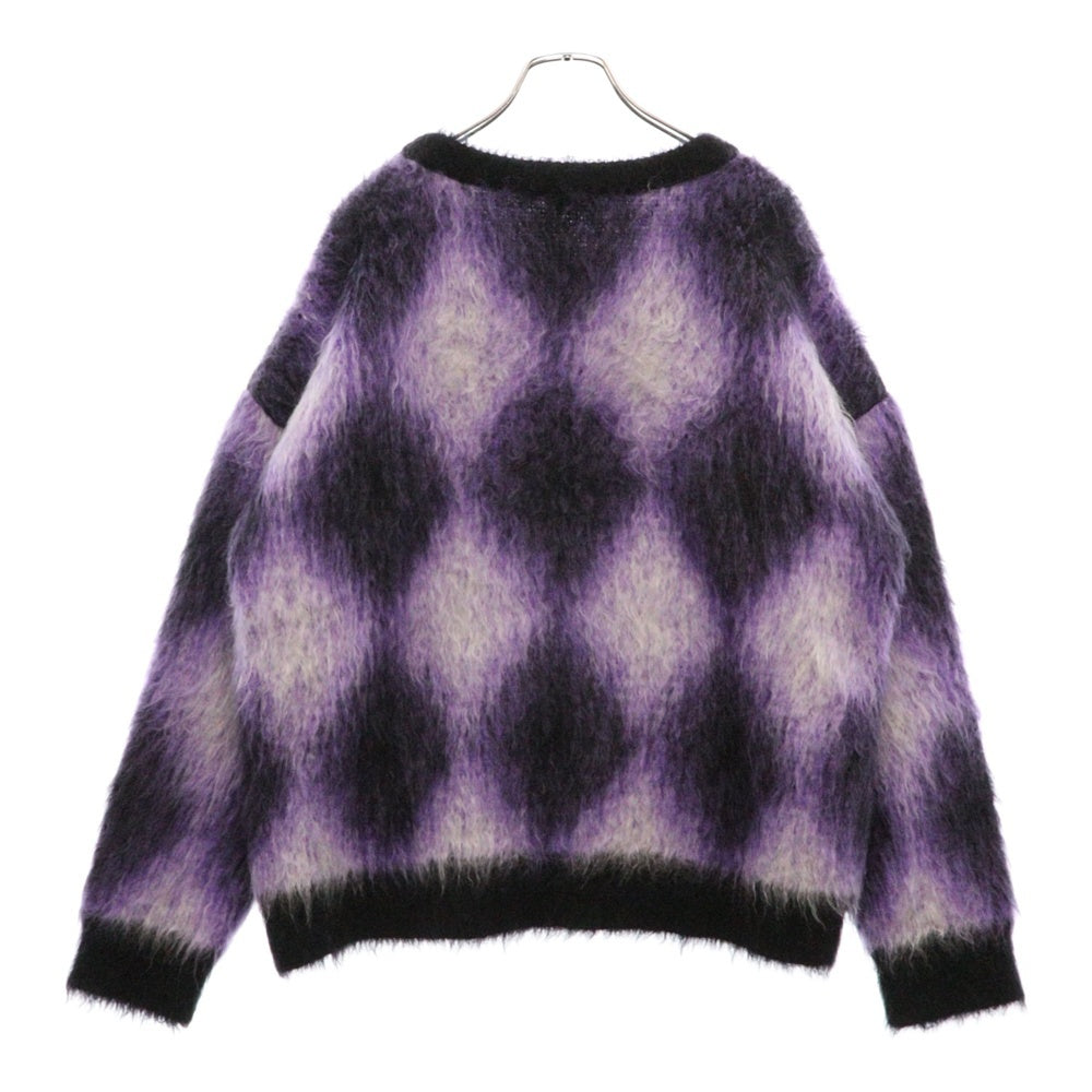CELINE(セリーヌ) 22AW Argyle Mohair Blend Sweater アーガイルチェック柄 クロップド ボクシー ブラッシュド モヘヤ ウール ニット セーター パープル 2AA24606S