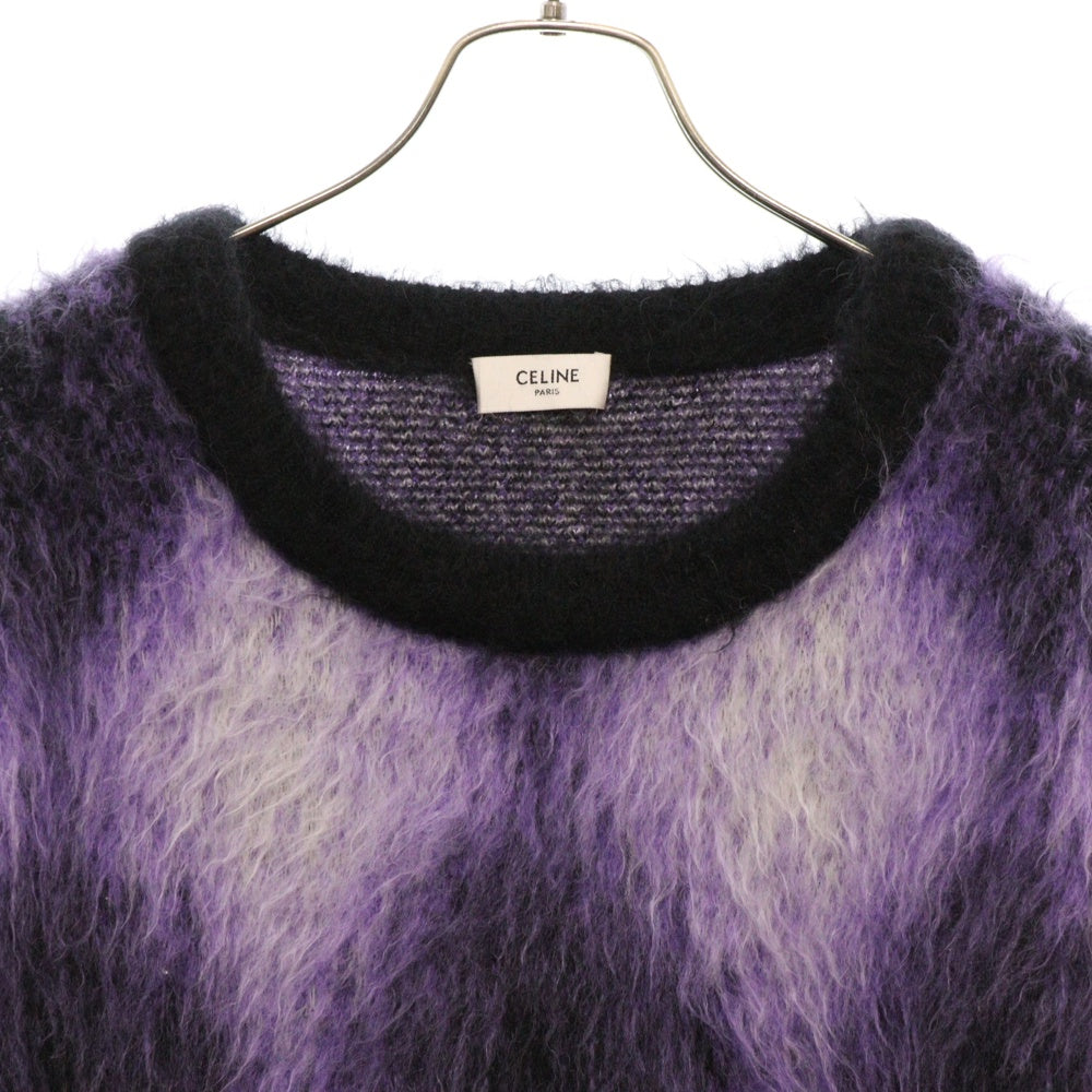 CELINE(セリーヌ) 22AW Argyle Mohair Blend Sweater アーガイルチェック柄 クロップド ボクシー ブラッシュド モヘヤ ウール ニット セーター パープル 2AA24606S