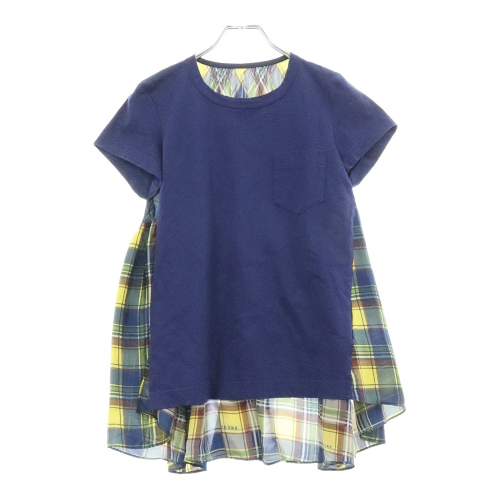 Sacai(サカイ) チェック柄 ドッキング クルーネック コットン プルオーバー カットソー 半袖Tシャツ ブルー/イエロー 18-03870 レディース