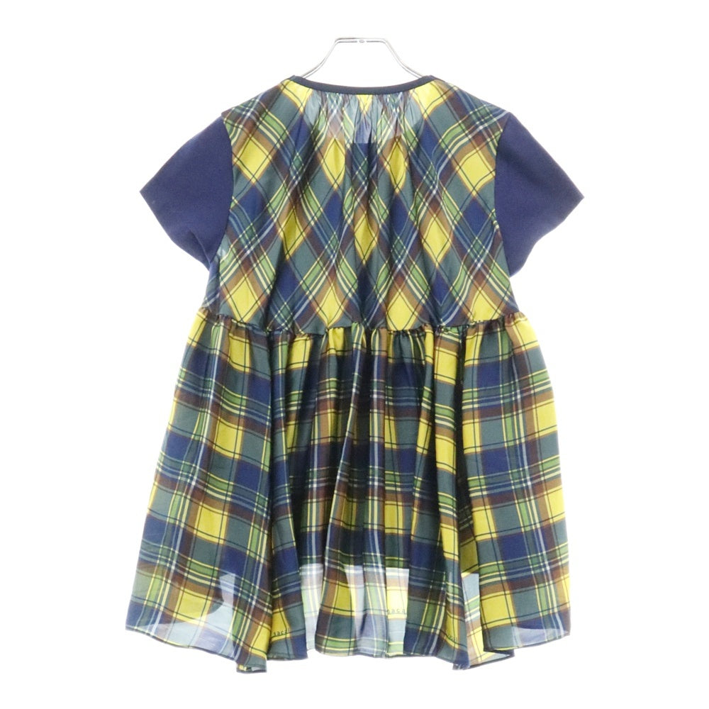 Sacai(サカイ) チェック柄 ドッキング クルーネック コットン プルオーバー カットソー 半袖Tシャツ ブルー/イエロー 18-03870 レディース