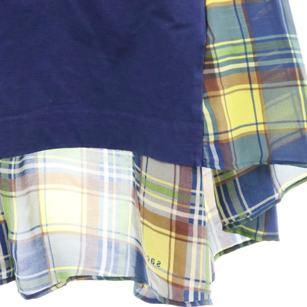 Sacai(サカイ) チェック柄 ドッキング クルーネック コットン プルオーバー カットソー 半袖Tシャツ ブルー/イエロー 18-03870 レディース