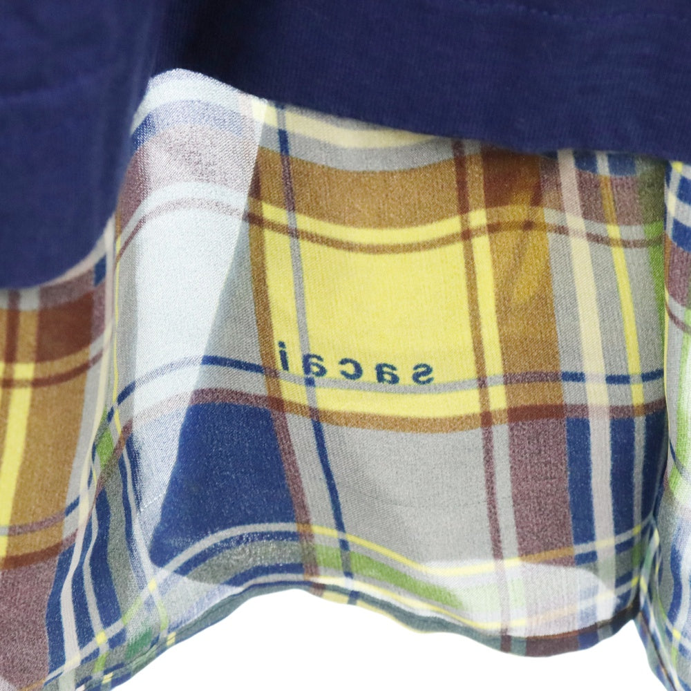 Sacai(サカイ) チェック柄 ドッキング クルーネック コットン プルオーバー カットソー 半袖Tシャツ ブルー/イエロー 18-03870 レディース