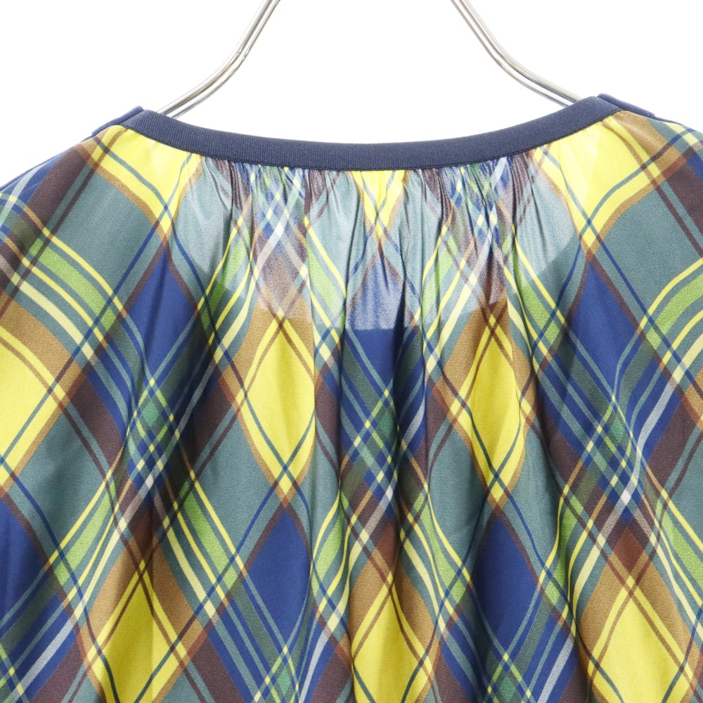 Sacai(サカイ) チェック柄 ドッキング クルーネック コットン プルオーバー カットソー 半袖Tシャツ ブルー/イエロー 18-03870 レディース