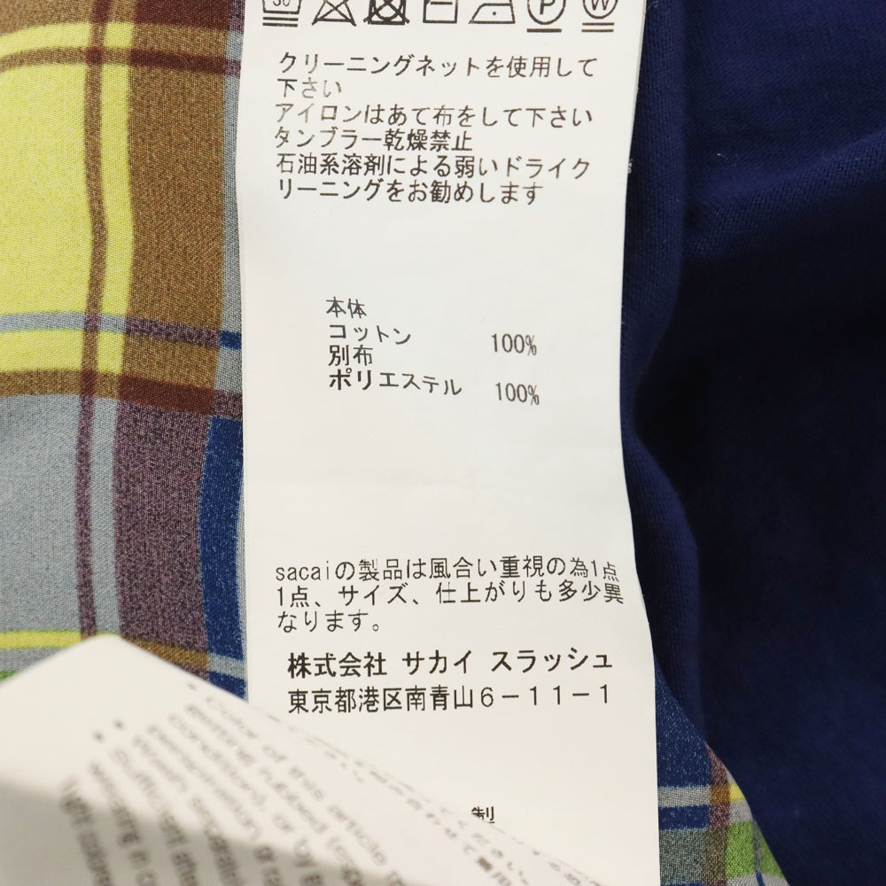 Sacai(サカイ) チェック柄 ドッキング クルーネック コットン プルオーバー カットソー 半袖Tシャツ ブルー/イエロー 18-03870 レディース
