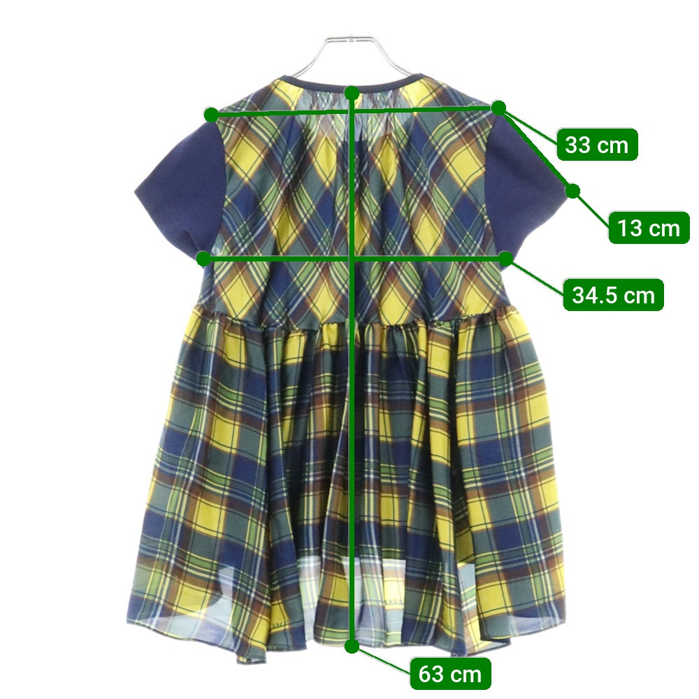 Sacai(サカイ) チェック柄 ドッキング クルーネック コットン プルオーバー カットソー 半袖Tシャツ ブルー/イエロー 18-03870 レディース