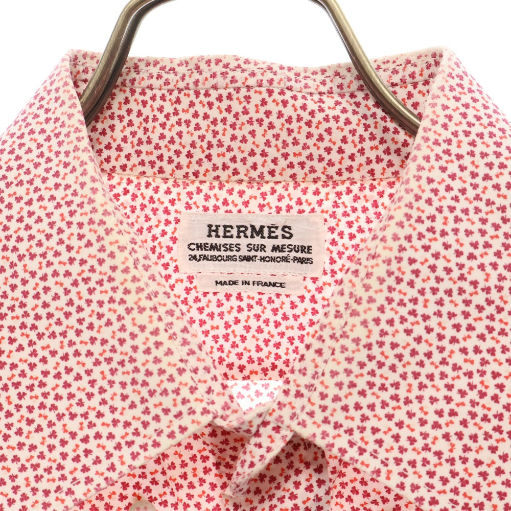 HERMES(エルメス) CHEMISES SUR MESURE フランス製 総柄 ボタンダウン 半袖シャツ ピンク