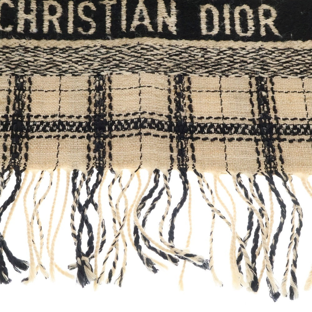 Christian Dior(クリスチャンディオール) 格子柄 ロゴ ウールシルク フリンジ ストール ベージュ/ブラック レディース 02DNC303I120