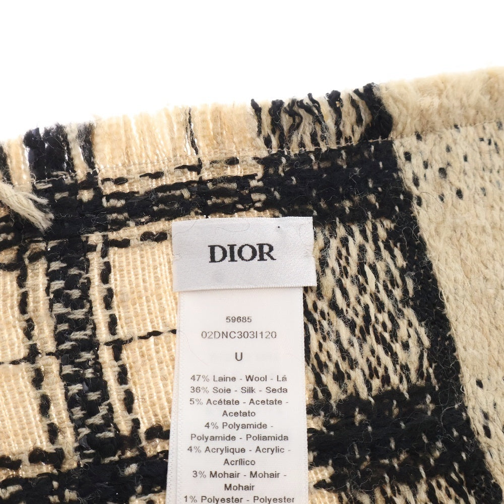 Christian Dior(クリスチャンディオール) 格子柄 ロゴ ウールシルク フリンジ ストール ベージュ/ブラック レディース 02DNC303I120
