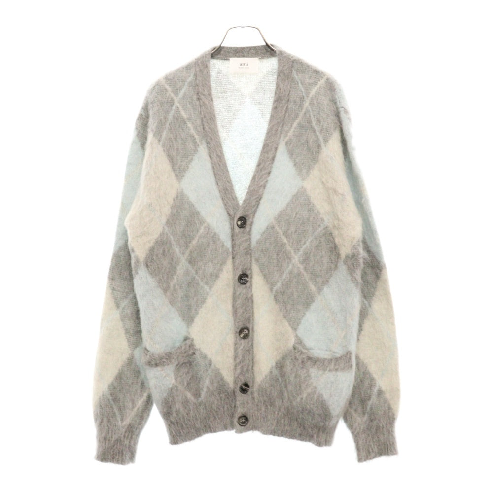 AMI Alexandre Mattiussi(アミアレクサンドルマテュッシ) Argyle Brushed Cardigan モヘア混 ウール ブラッシュド ダイヤモンドカット カーディガン グレー UKC018.KN0030