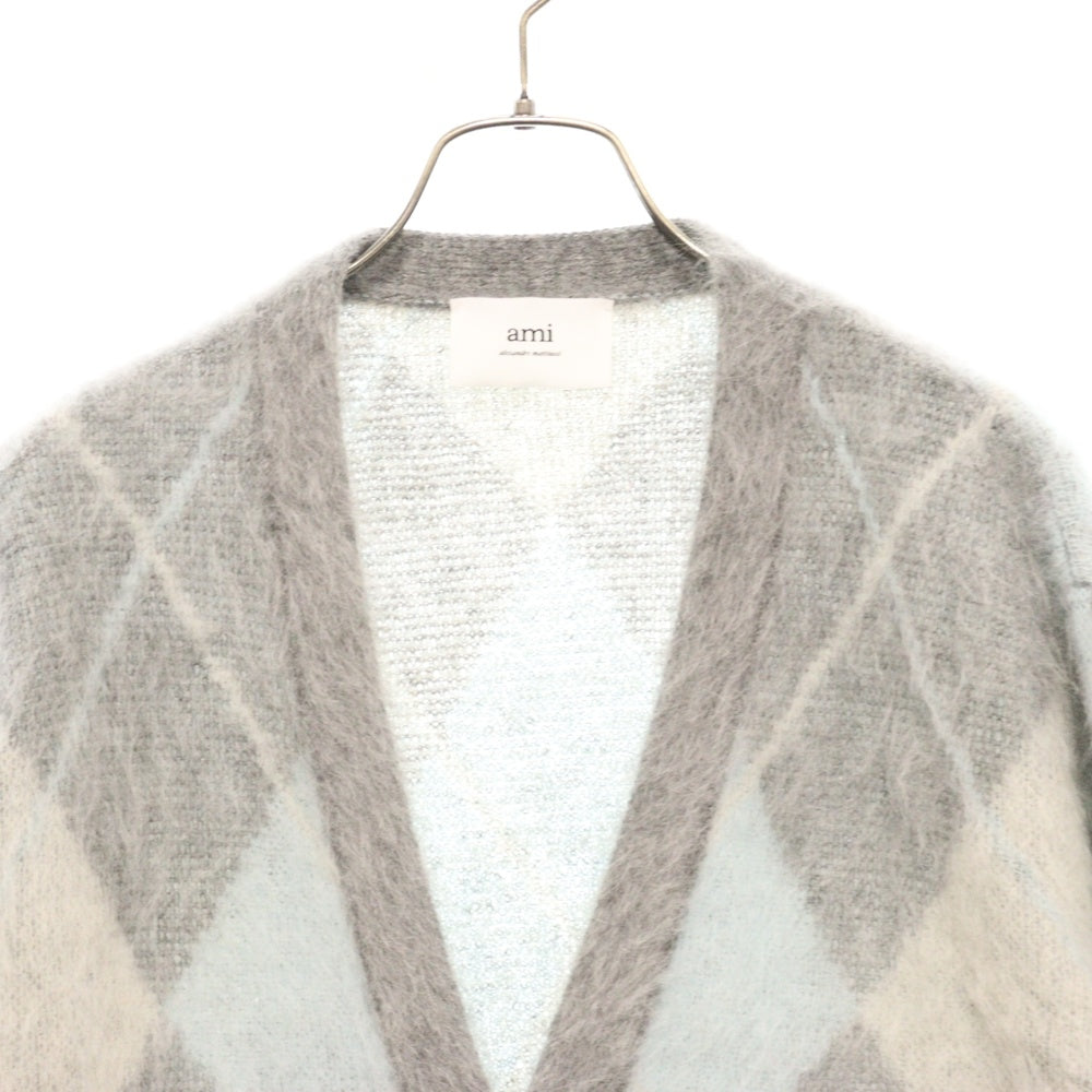 AMI Alexandre Mattiussi(アミアレクサンドルマテュッシ) Argyle Brushed Cardigan モヘア混 ウール ブラッシュド ダイヤモンドカット カーディガン グレー UKC018.KN0030