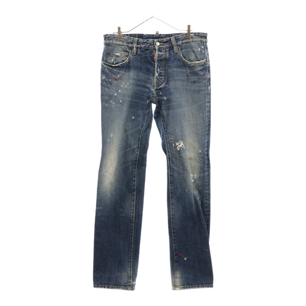 DSQUARED2(ディースクエアード) ダメージ加工 ハンドステッチ ボタンフライ ストレートデニムパンツ ジーンズ インディゴ 71LA140