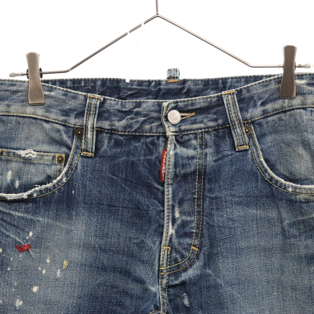 DSQUARED2(ディースクエアード) ダメージ加工 ハンドステッチ ボタンフライ ストレートデニムパンツ ジーンズ インディゴ 71LA140