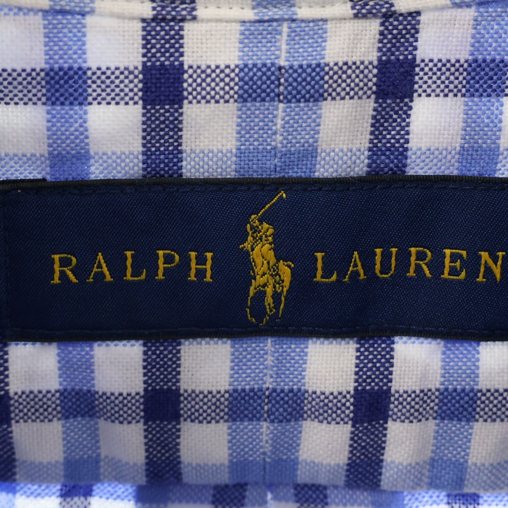 RALPH LAUREN(ラルフローレン) ポニー刺繍 銀アガムチェック総柄ボタンダウン ロングスリーブシャツ ホワイト ブルー