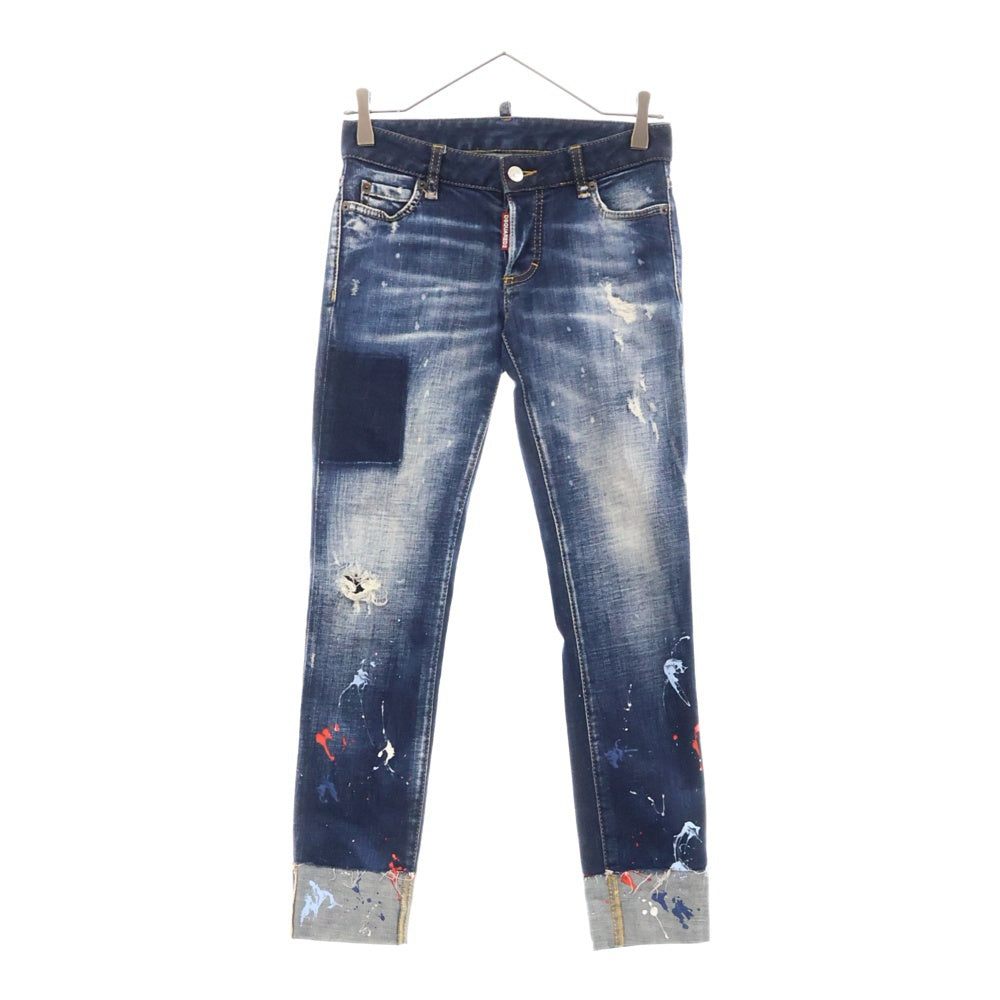 DSQUARED2(ディースクエアード) 22SS Jennifer Cropped Jean ペンキ加工 スキニーフィット クロップド デニムパンツ インディゴ レディース S72LB0484 S30664