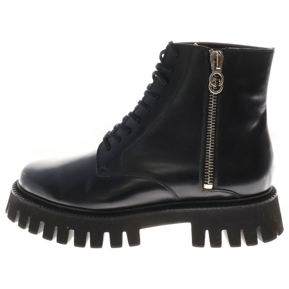 GUCCI(グッチ) GGロゴチャーム サイドジップ レースアップ レザーショートブーツ ブラック 699584