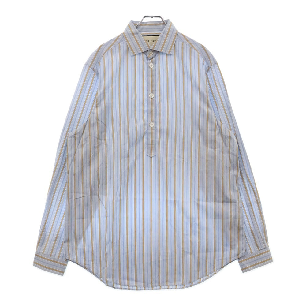 GUCCI(グッチ) ストライプ総柄ロングスリーブ ハーフボタンドレスシャツ ブルー ブラウン 539707 Z374L