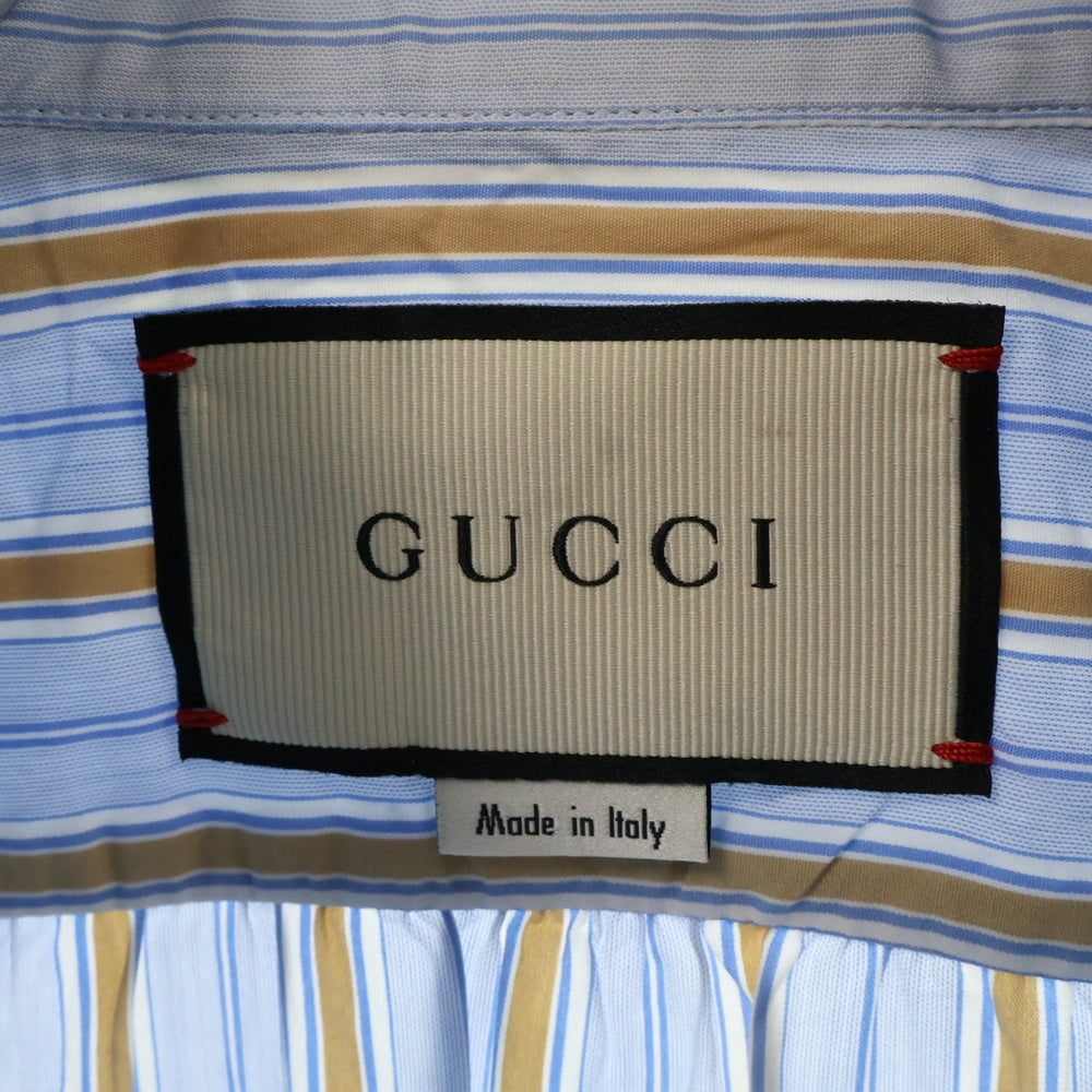 GUCCI(グッチ) ストライプ総柄ロングスリーブ ハーフボタンドレスシャツ ブルー ブラウン 539707 Z374L