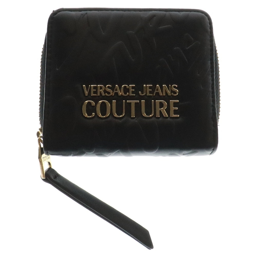 VERSACE JEANS COUTURE(ヴェルサーチジーンズクチュール) ロゴプレート エンボス加工 ジップラウンドウォレット 二つ折り財布 ブラック