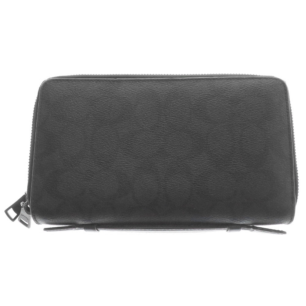 COACH(コーチ) ダブルジップ トラベオーガナイザー シグネチャー ハンドル付 長財布 レザーウォレット クラッチバッグ ハンドバッグ ブラック/グレー F25528