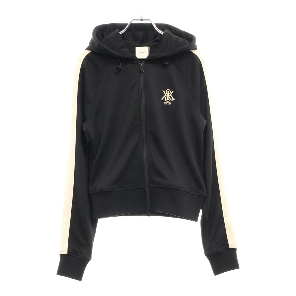 KITH(キス) W ARBOR HOODED TRACK JACKET 胸ロゴ刺繍 サイドライン ジップアップスウェットパーカー フーディー ブラック レディース 25-011-0611-0002-1-0