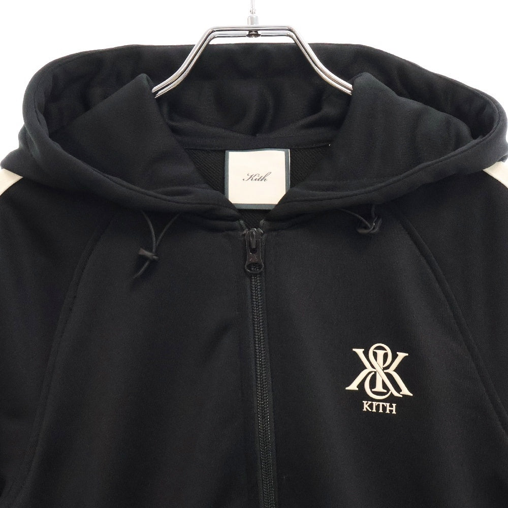 KITH(キス) W ARBOR HOODED TRACK JACKET 胸ロゴ刺繍 サイドライン ジップアップスウェットパーカー フーディー ブラック レディース 25-011-0611-0002-1-0
