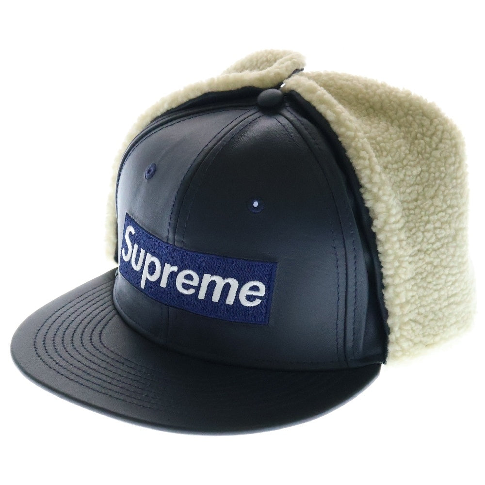 SUPREME(シュプリーム) 22AW ×NEW ERA Leather Earflap Box Logo ニューエラ レザー イアーフラップ ボックスロゴ 6パネル ベースボールキャップ 帽子 ネイビー