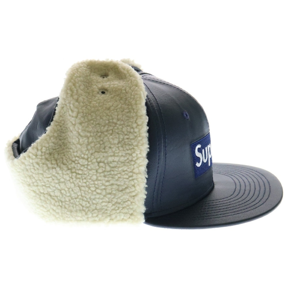 SUPREME(シュプリーム) 22AW ×NEW ERA Leather Earflap Box Logo ニューエラ レザー イアーフラップ ボックスロゴ 6パネル ベースボールキャップ 帽子 ネイビー