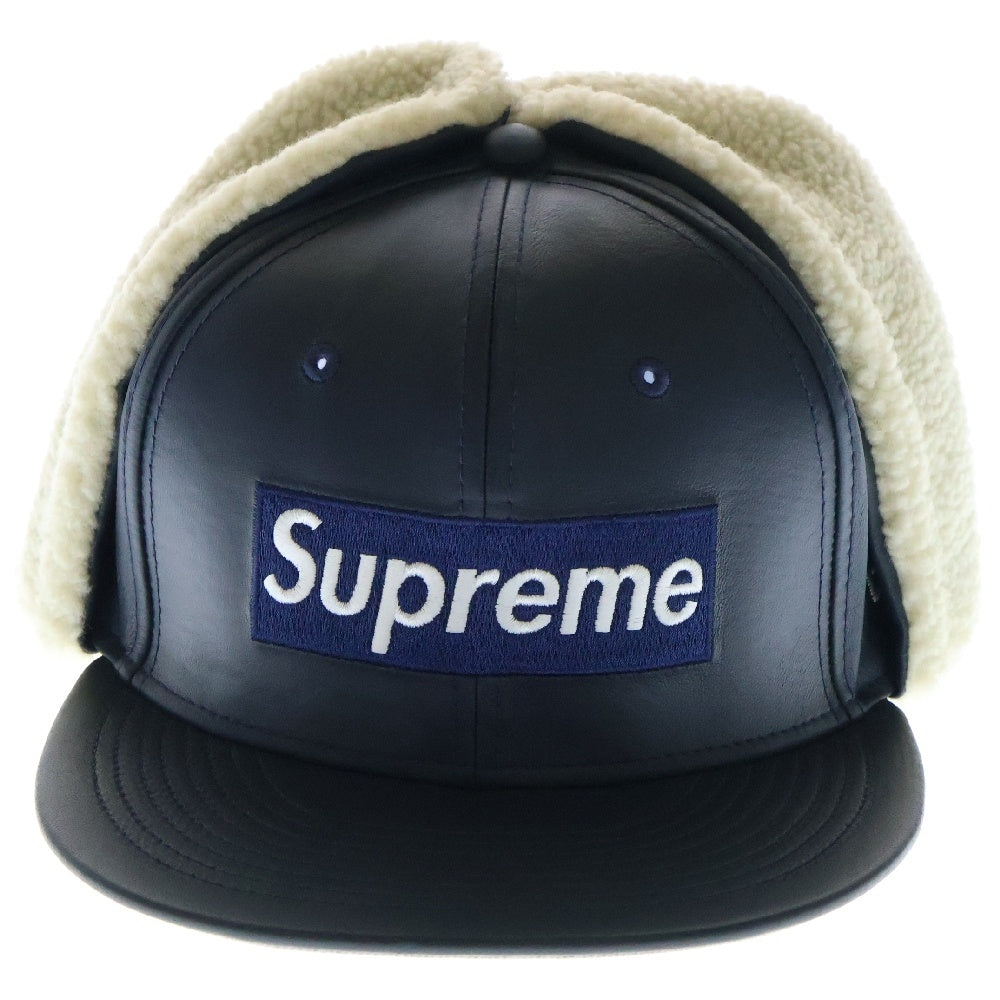 SUPREME(シュプリーム) 22AW ×NEW ERA Leather Earflap Box Logo ニューエラ レザー イアーフラップ ボックスロゴ 6パネル ベースボールキャップ 帽子 ネイビー