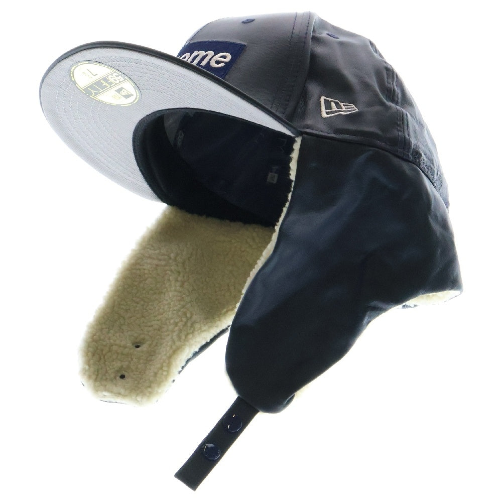 SUPREME(シュプリーム) 22AW ×NEW ERA Leather Earflap Box Logo ニューエラ レザー イアーフラップ ボックスロゴ 6パネル ベースボールキャップ 帽子 ネイビー