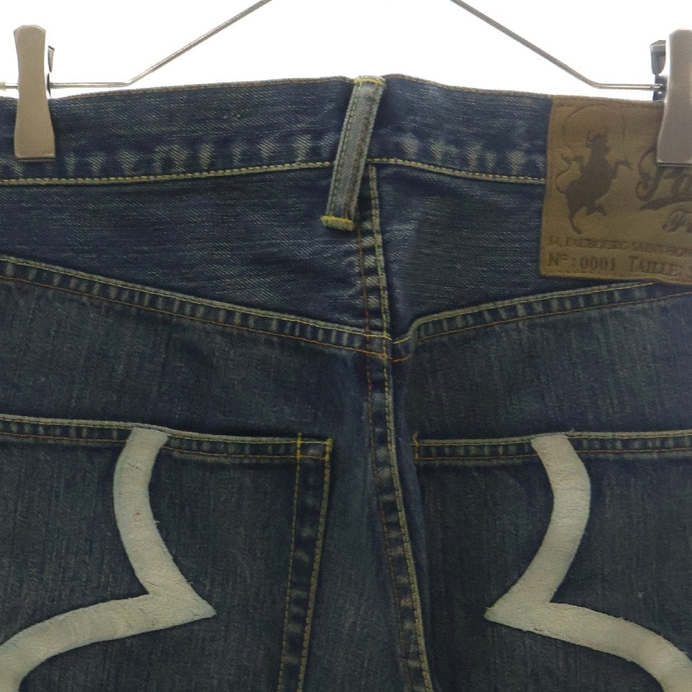 EVISU(エビス) 縦カモメ刺繍 レザーパッチ 隠しリベット ボタンフライ ストレート デニムパンツ ジーンズ インディゴ