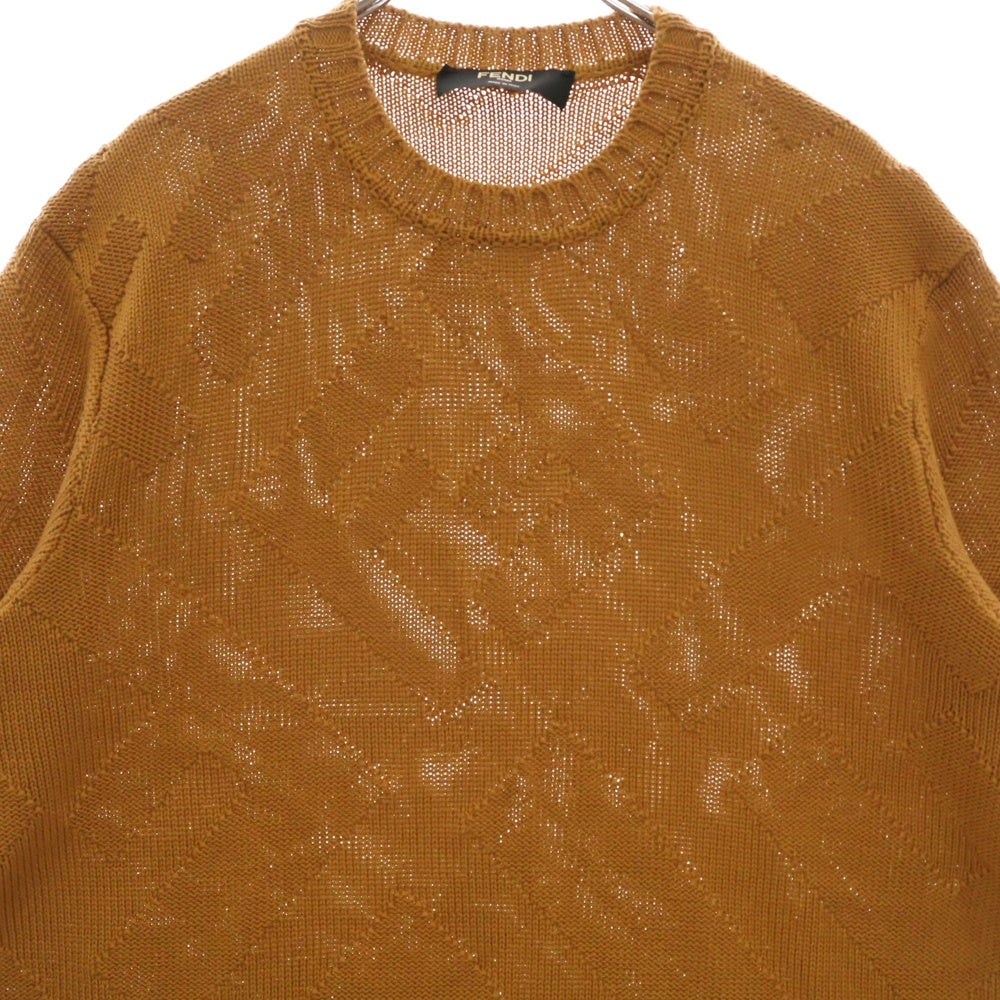FENDI(フェンディ) ズッカ柄 ジャガード フリンジ クルーネック半袖ニット セーター ブラウン FZX144 AN3T