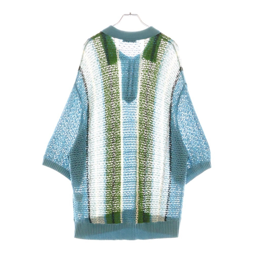 F-LAGSTUF-F(フラグスタフ) 24SS STRIPE S/S H/Z SUMMER SWEATER ストライプ総柄 ハーフジップ 半袖 サマーセーター ニット ポロシャツ ライトブルー/グリーン FS1476