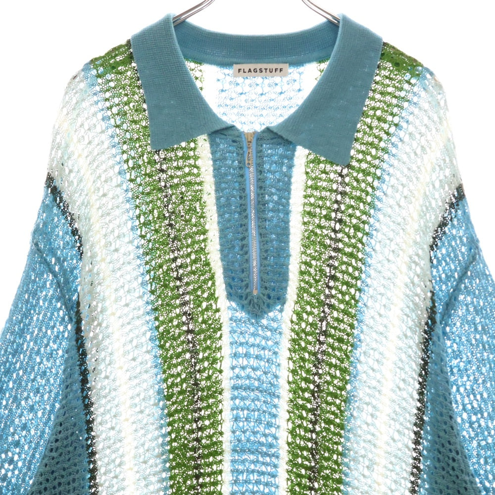 F-LAGSTUF-F(フラグスタフ) 24SS STRIPE S/S H/Z SUMMER SWEATER ストライプ総柄 ハーフジップ 半袖 サマーセーター ニット ポロシャツ ライトブルー/グリーン FS1476
