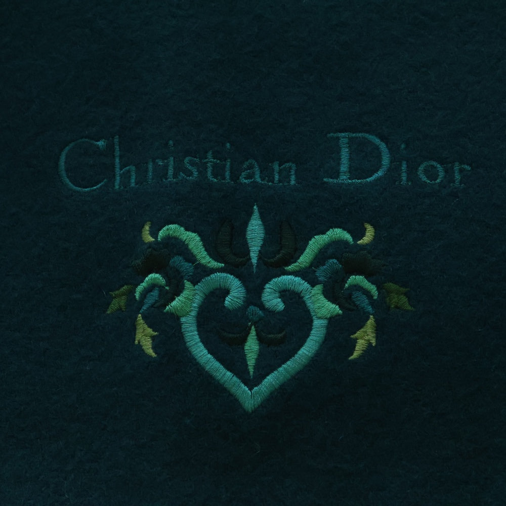 Christian Dior(クリスチャンディオール) ロゴ刺繍 フリンジ ウール 大判ストール マフラー ひざ掛け グリーン Y-TK03