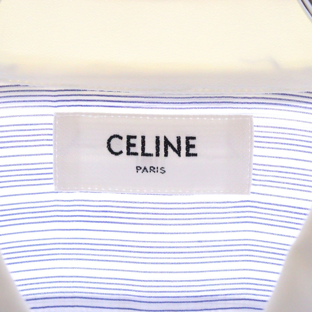 CELINE(セリーヌ) ワンポイント刺繍 ストライプ総柄 シルク混 ロングスリーブ 長袖シャツ ブルー/ホワイト 2C460547K