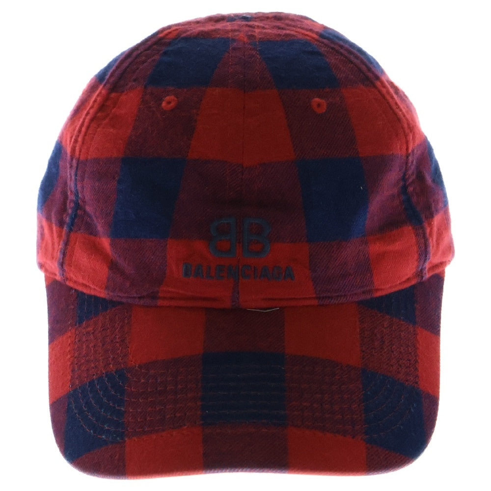 BALENCIAGA(バレンシアガ) チェック柄 BBロゴ コットン 6パネルキャップ 帽子 レッド 658161 411B7