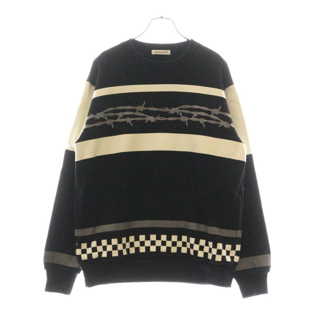 UNDERCOVER(アンダーカバー) 24AW 有刺鉄線刺繍 チェッカー柄 グラフィックプリント プルオーバースウェット トレーナー グレー UP2D4804-1
