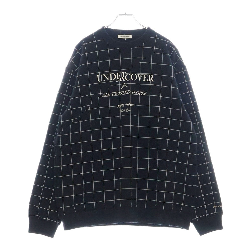 UNDERCOVER(アンダーカバー) 24AW カットオフ切替 フロントプリント 格子柄クルーネック長袖スウェットトレーナー ブラック UP2D4807