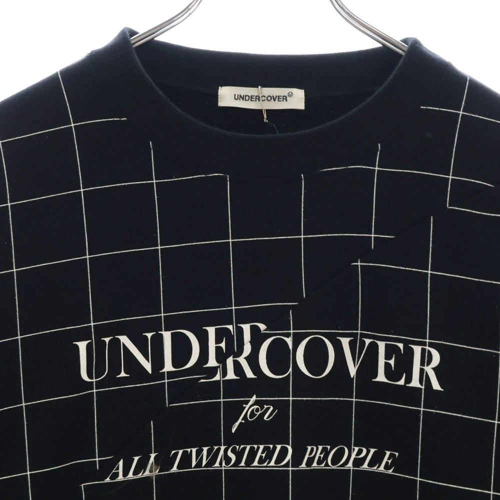 UNDERCOVER(アンダーカバー) 24AW カットオフ切替 フロントプリント 格子柄クルーネック長袖スウェットトレーナー ブラック UP2D4807