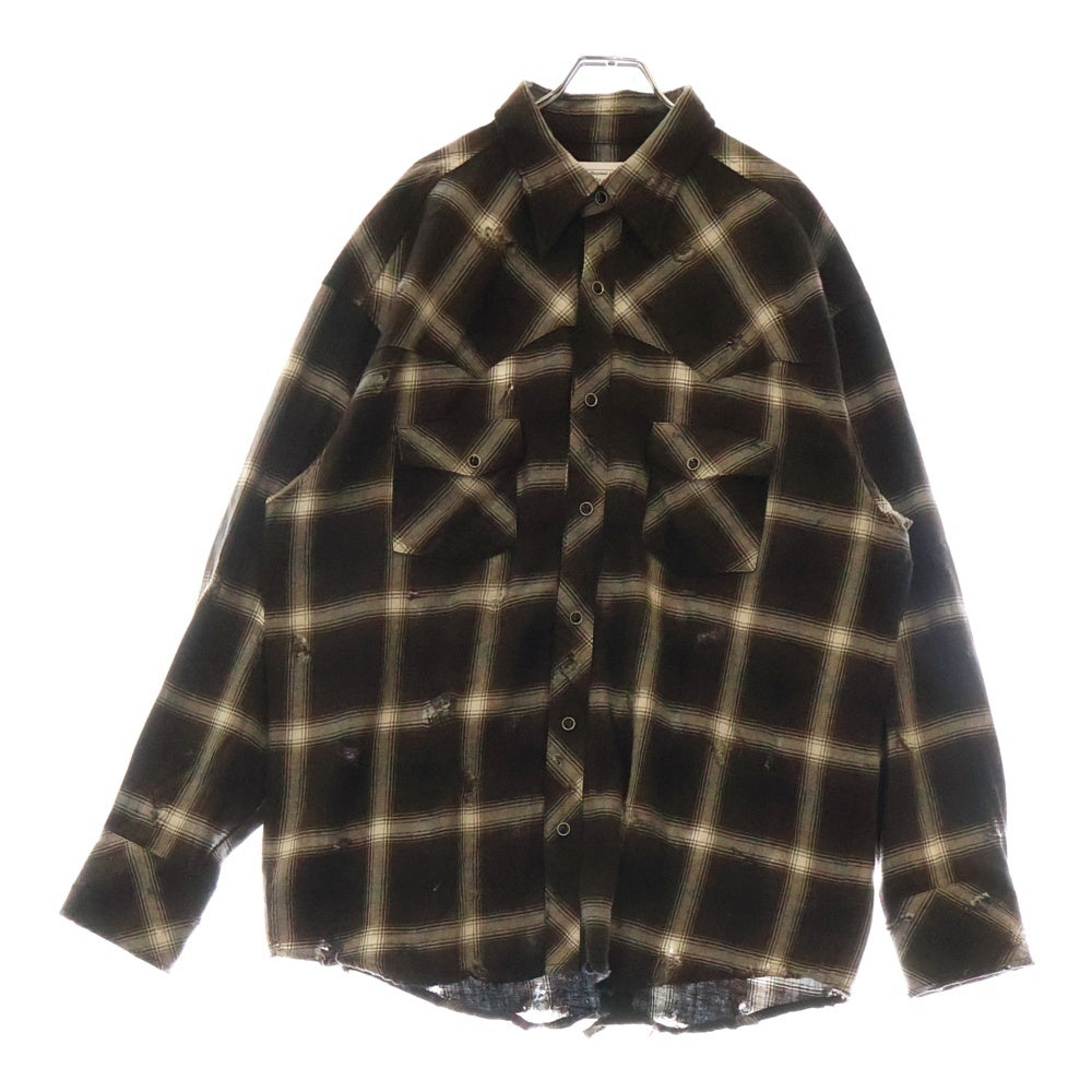 Rafu(ラフ) ANTIQUED SHIRT アンティーク ダメージ加工 フランネルチェック長袖シャツ ブラウン 002-23-01