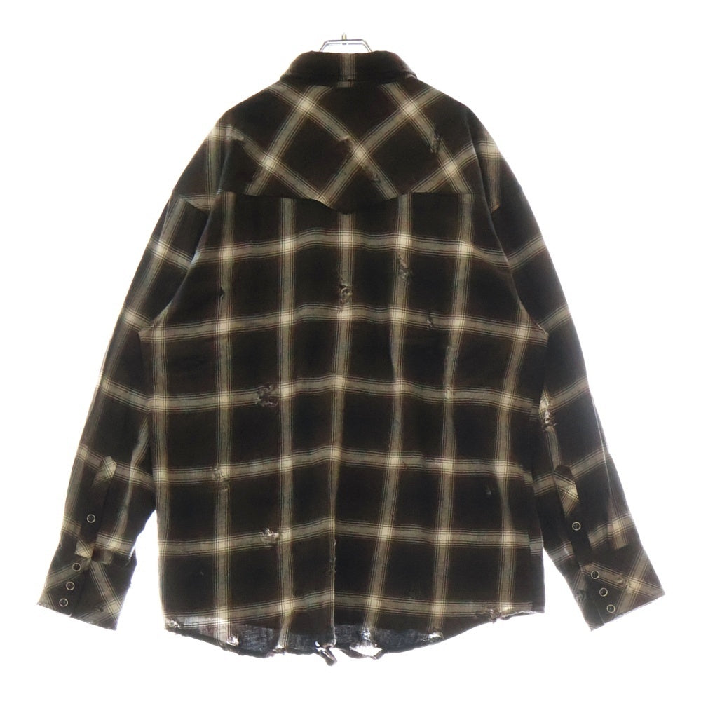 Rafu(ラフ) ANTIQUED SHIRT アンティーク ダメージ加工 フランネルチェック長袖シャツ ブラウン 002-23-01