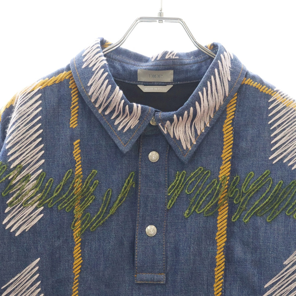 DIOR(ディオール) 23AW×DENIM TEARS LONGSLEEVE SHIRT デニムティアーズ アウトライン ステッチ ロングスリーブ プルオーバー デニム シャツ インディゴ 393D588A330X
