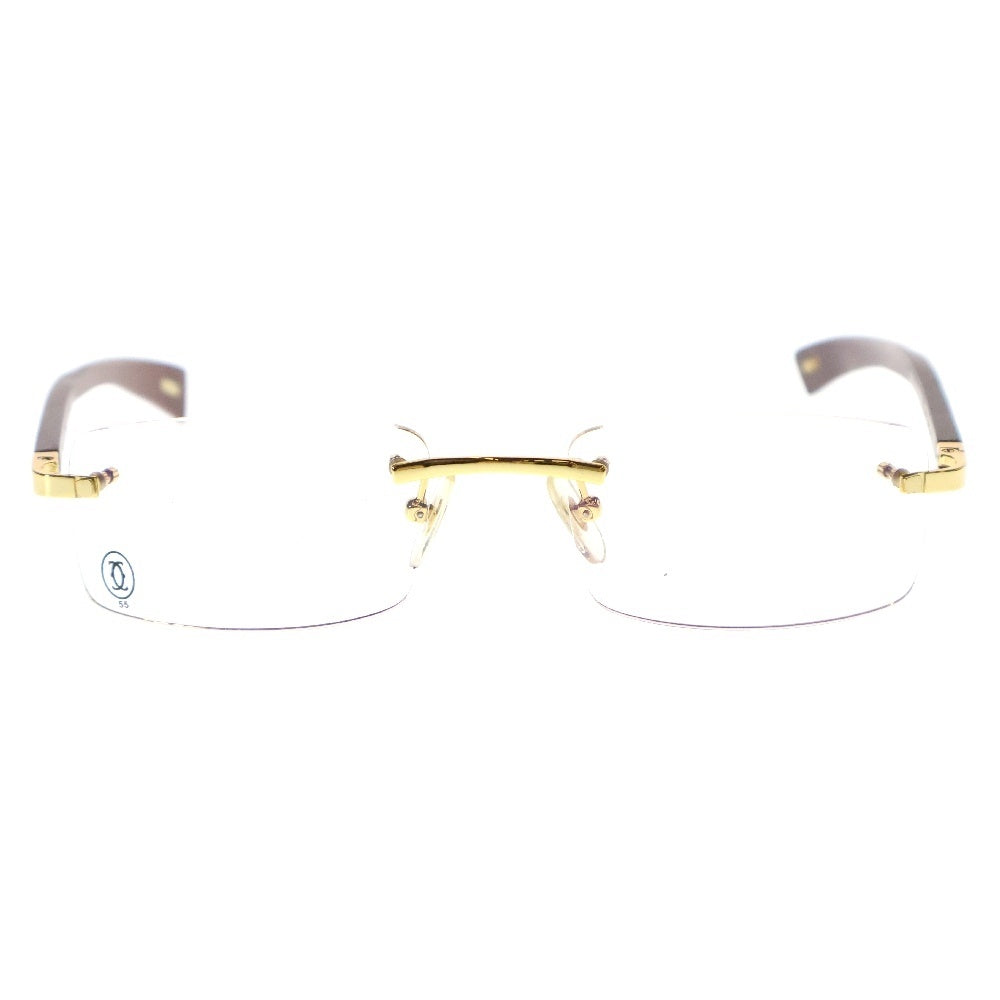 Cartier(カルティエ) レクタングル リムレス ウッドテンプル メガネ 眼鏡 ゴールド金具 ブラウン 6699852