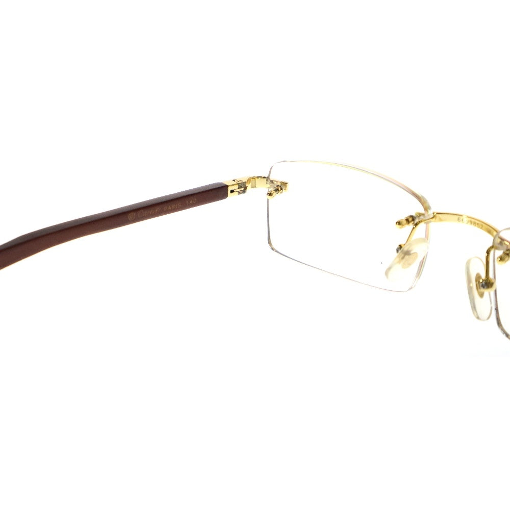 Cartier(カルティエ) レクタングル リムレス ウッドテンプル メガネ 眼鏡 ゴールド金具 ブラウン 6699852