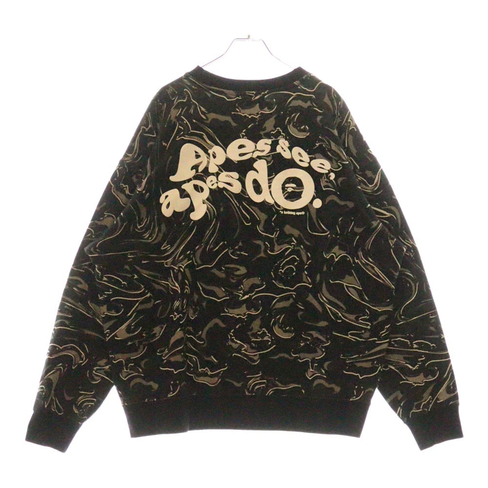 A BATHING APE(アベイシングエイプ) MARBLING CAMO LOGO RELAXED FIT CREWNECK フロントロゴ刺繍 カモ柄 クルーネック長袖スウェットトレーナー ブラック 001SWK801306M