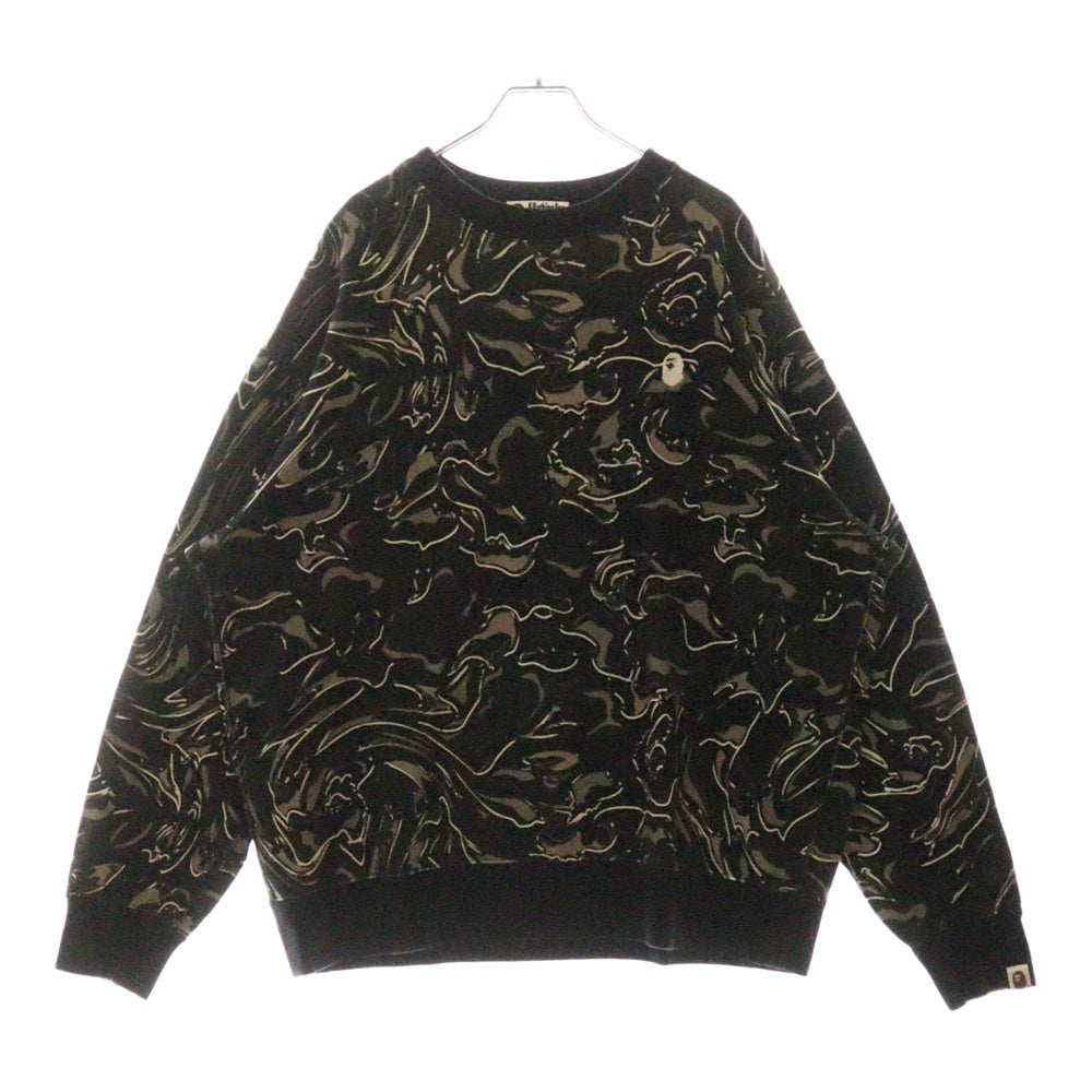 A BATHING APE(アベイシングエイプ) MARBLING CAMO LOGO RELAXED FIT CREWNECK フロントロゴ刺繍 カモ柄 クルーネック長袖スウェットトレーナー ブラック 001SWK801306M