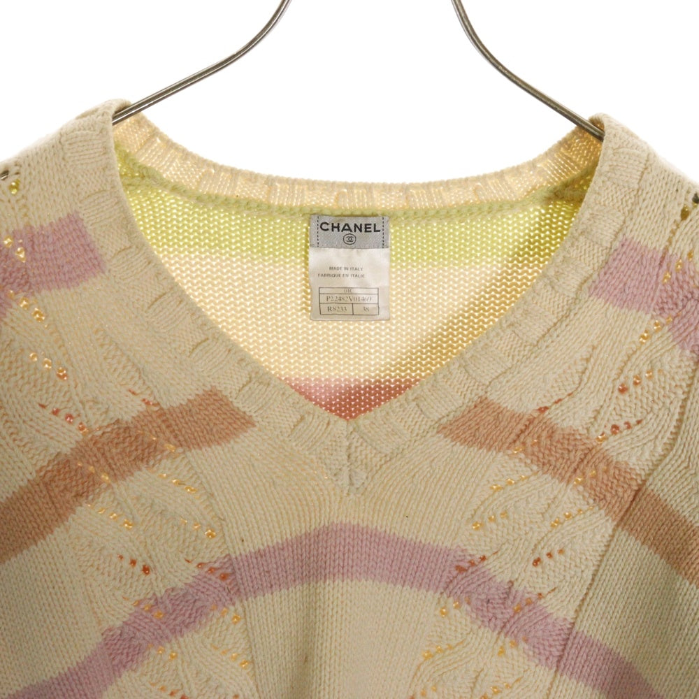 CHANEL(シャネル) 04AW クルーズ ボーダー総柄 Vネック カシミヤ混 クリアココマークロゴプレート 長袖ニット セーター ベージュ/マルチ レディース P22482V01469